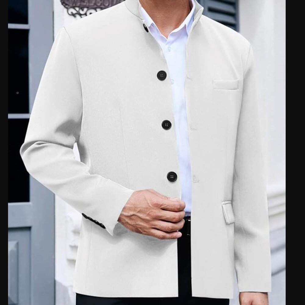 NWOT (S) WHITE Casual Suit Blazer Mandarin Collar Lightweight Lined Business